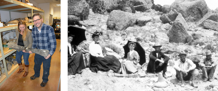 An image of the Geology Museum curator and manager posing with a fossil, juxtaposed next to a historic image that show a group of women and men posing for a photo with the fossil in the late 1800's. 