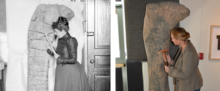The image of a historic photograph of a faculty member posing with a specimen of a dinosaur fossil, juxtaposed against a modern photo of the same thing. 